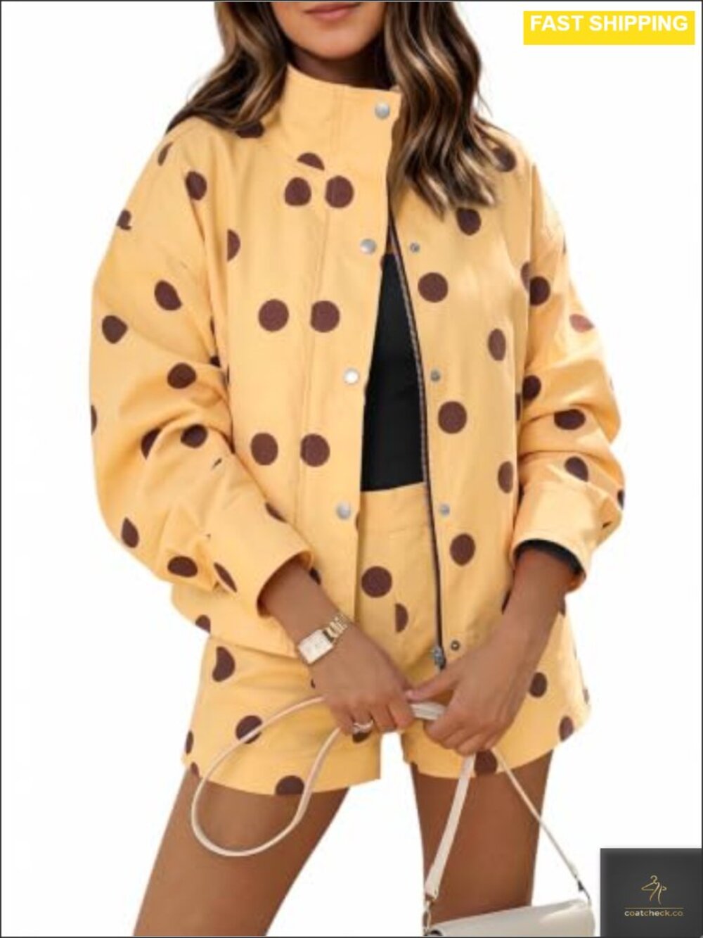 Tankaneo Womens 2 Piece Polka Dot Shorts Set Cropped Zip Jacket Matching Outfit